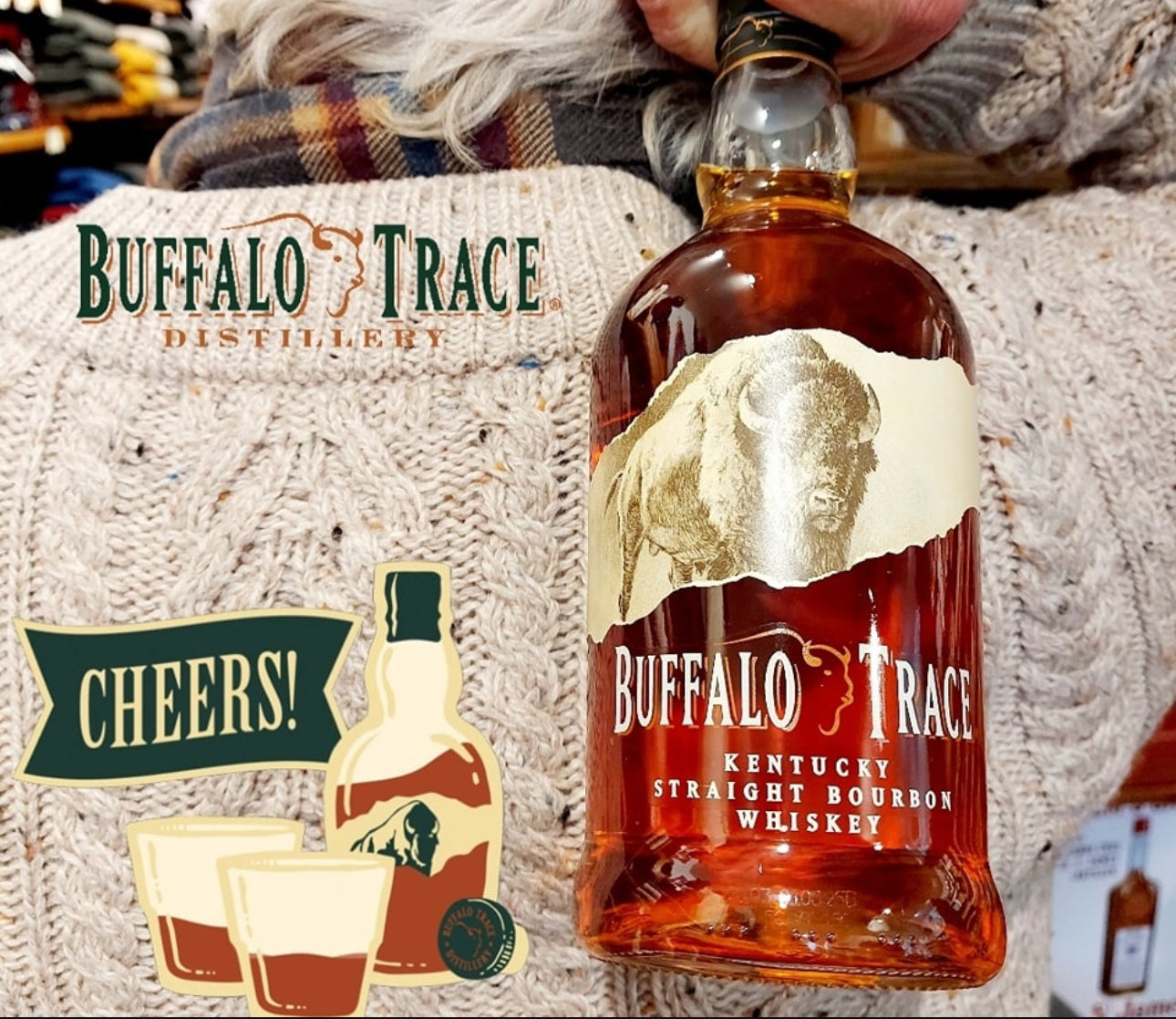 Buffalo Trace Kentucky Straight Bourbon Whiskey bottle with distillery logo and festive cheers