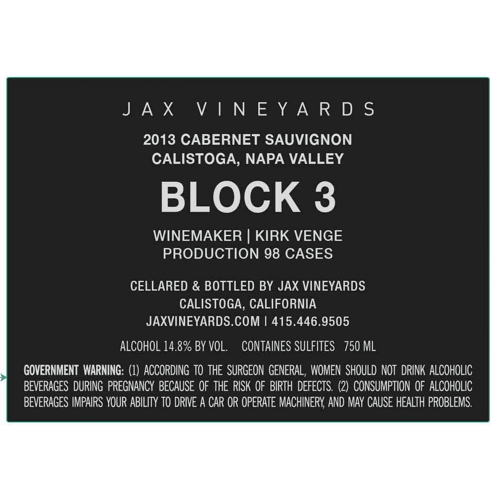 Jax Vineyards Block 3 Calistoga Cabernet Sauvignon - 750ML 