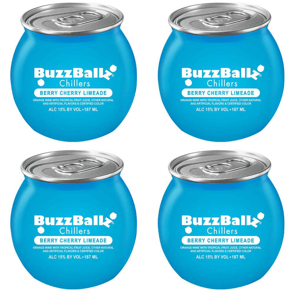 Buzzballz Berry Cherry Limeade Pre-Mixed Cocktails 4 Pack in 187ML blue spherical cans. Flavored alcoholic beverages with cherry, blue raspberry, and lime.