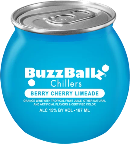 Buzzballz Berry Cherry Limeade Pre-Mixed Cocktail in a blue spherical can, 187ML, featuring bold cherry, blue raspberry, and lime flavors.